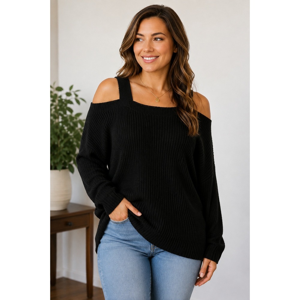 Miracle USA Black Cold Shoulder Knit Sweater M-8-50177 Size S/M, KC.1051